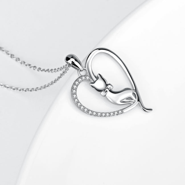 925 Sterling Silver Love Heart Lovely Cat Jewelry Necklace