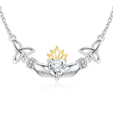 925 Sterling Silver Angel Wing Shape Love Heart Crystal Princess Crown Necklace