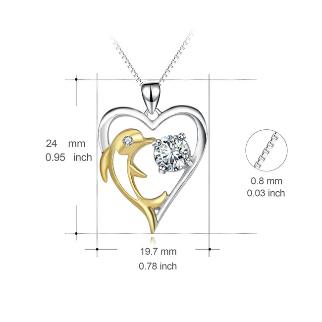 925 Sterling Silver Lucky Love Heart Gold Dolphin Pendant Necklace