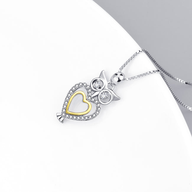 925 Sterling Silver Jewelry Adorable Standing Owl Love Heart Necklace