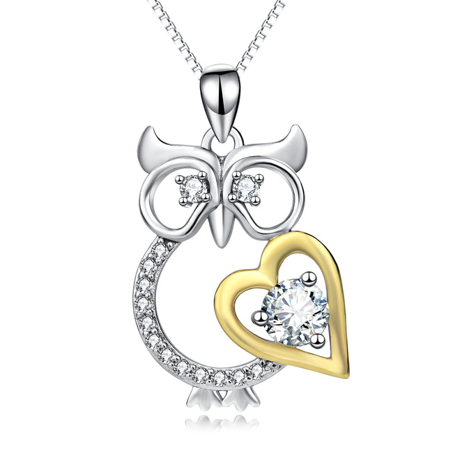 925 Sterling Silver Super Lovely Owl Love Heart Necklace