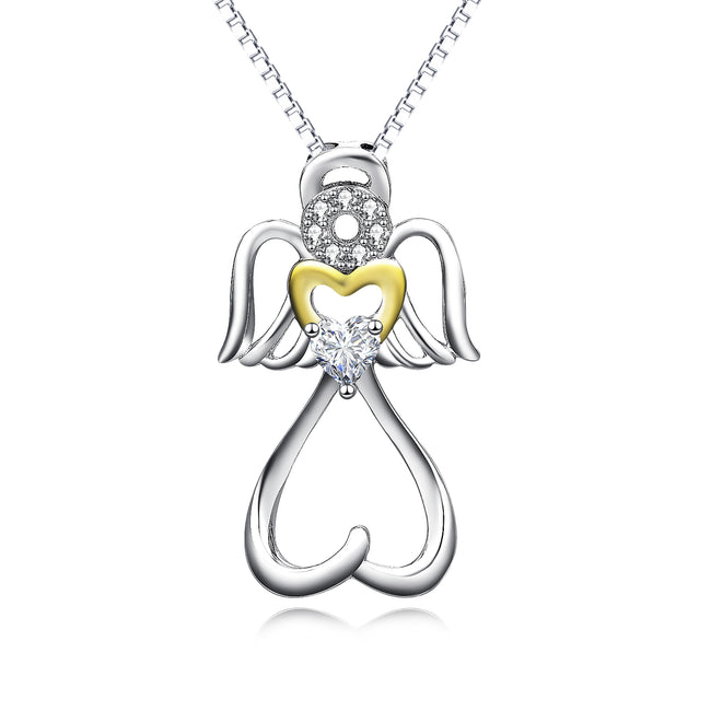 925 Sterling Silver Angel Wings Yellow Gold Love Heart Jewelry Necklace