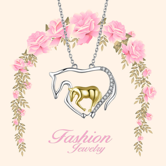 925 Sterling Silver Mother Baby Horse Two-Tone Necklace
