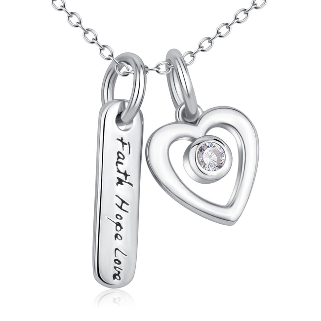 925 Sterling Silver Faith Hope Love Bar Love Heart Jewel Necklace