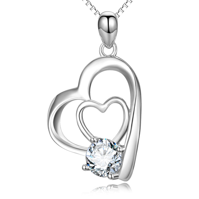 925 Sterling Silver Double Love Heart Shiny Crystal Necklace