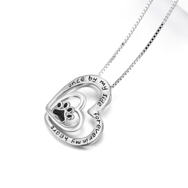 925 Sterling Silver Engraved Text Double Love Hearts Dog Paw Pendant Necklace