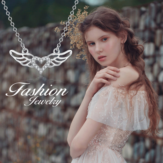925 Sterling Silver Angel Wing Love Heart Jewels Necklace