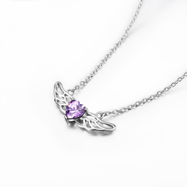 925 Sterling Silver Angel Wing Purple Heart Crystal Necklace