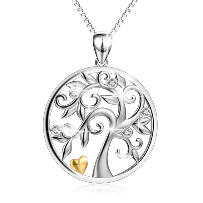 925 Sterling Silver Shiny Birthstones Tree Love Heart Round Pendant Necklace