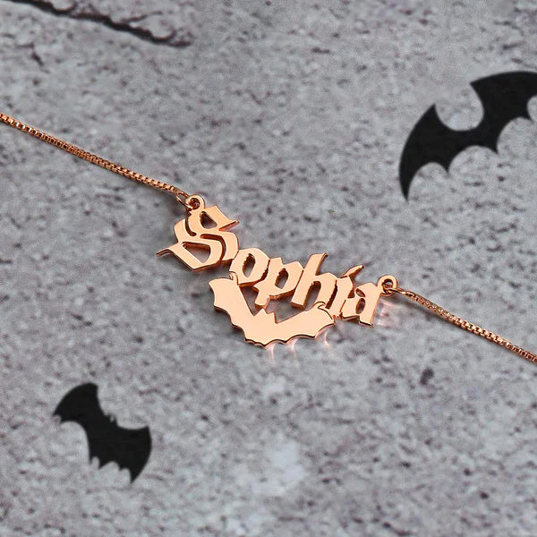 Personalized Gothic Bat Name Necklace Copper/925 Sterling Silver Personalized Adjustable 18”-20”