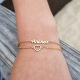 925 Sterling Silver Layered Name Bracelet With Heart Adjustable Chain 6"-7.5"