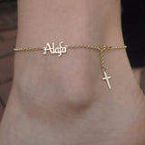 925 Sterling Silver Personalized Gothic Name Anklet Lariat Style with Cross Adjustable Chain 8.5"-10"
