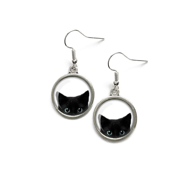 925 Sterling Silver Peeking Black Cat Earrings