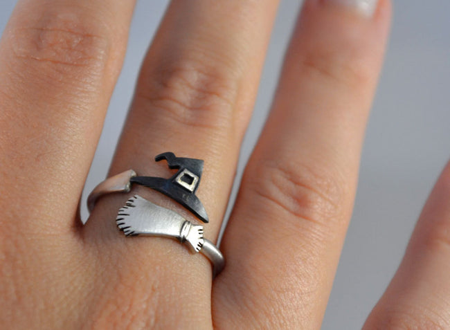 Sterling Silver 925 Wizard Witche's Broom and Hat Ring Halloween Jewelry Funny Cool Halloween Gift