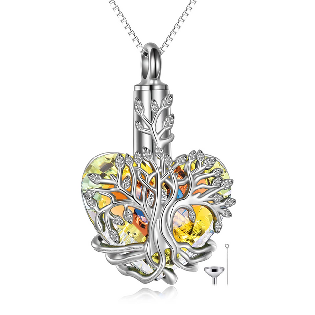 Tree of Life Urn Necklace for Ashes Heart Cremation Jewelry with Blue Crystal with Funnel Filler Gifts for Women Girls