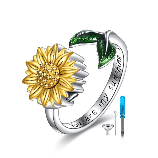 Sunflower Urn Ring for Ashes 925 Sterling Silver Adjustable Sunflower Cremation Jewelry Ring Keepsake Locket Ring for Women