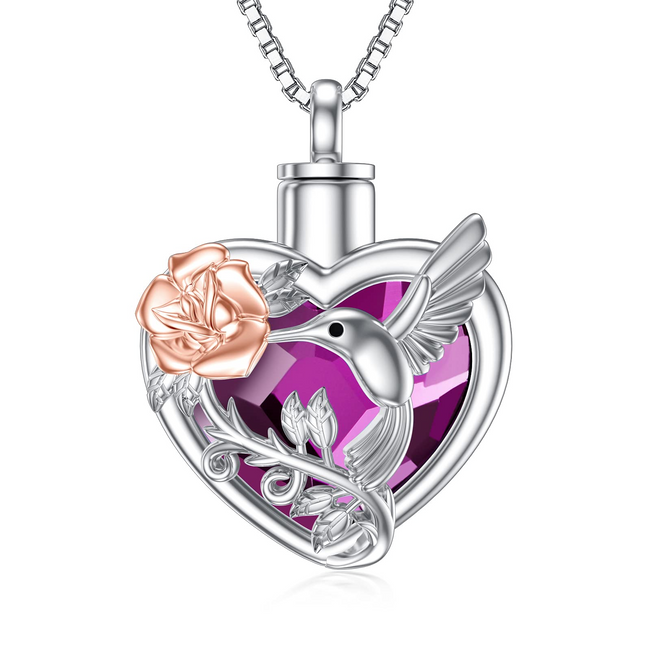 Hummingbird Urn Necklace for Ashes Sterling Silver with Crystal Cremation Jewelry w/Funnel Filler Keepsake Memory Jewelry for Women Girls