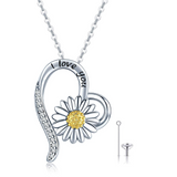 Sterling Silver Sunflower Heart-shaped Urn With Oxidized Pendant Necklace For Women