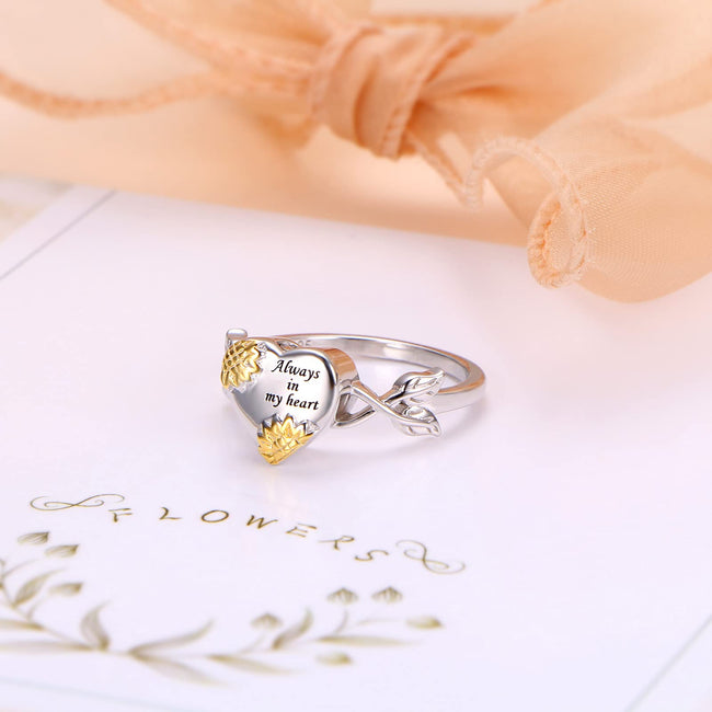Sunflower Urn Ring for Ashes 925 Sterling Silver Cremation Jewelry for Women Bereavement Gift