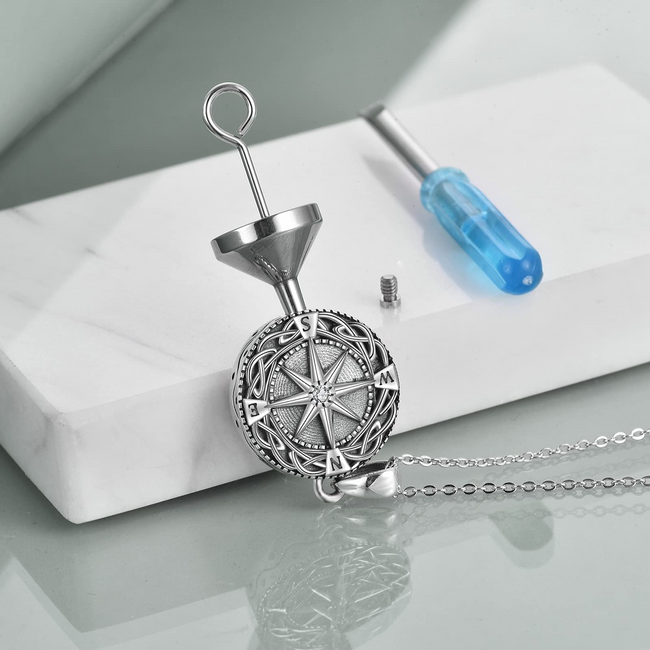 Sterling Silver Compass Urn Necklace for Ashes Celtic Knot Compass Cremation Jewelry for Ashes Memory Jewelry for Women Men