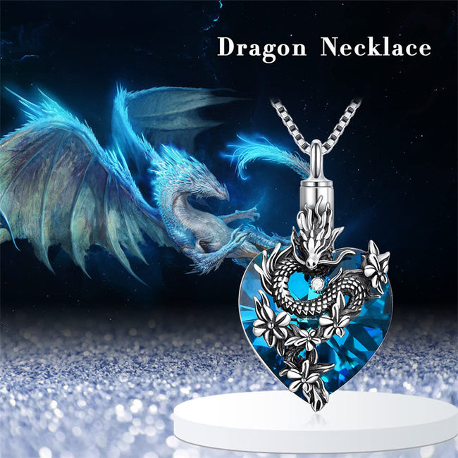 Dragon Urn Necklace Sterling Silver Heart Crystal Dragon Pendant Necklace Jewelry Gifts Dragon Ashes Necklace for Women Girls Men