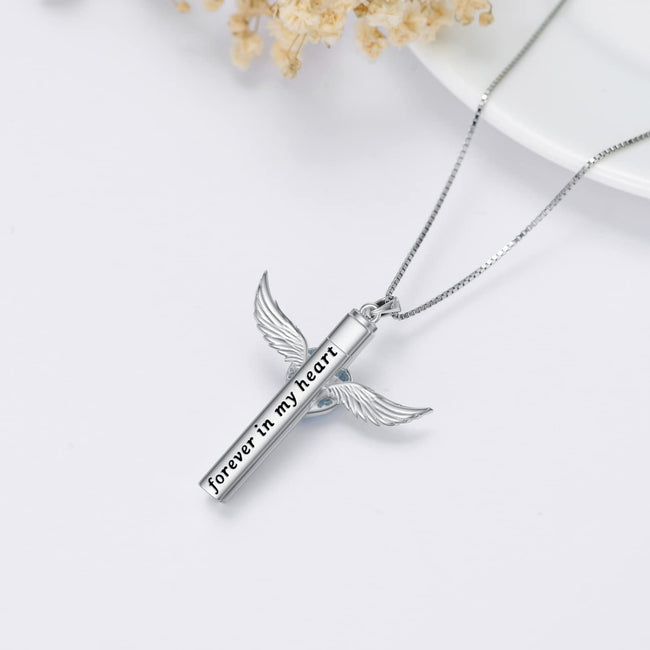 Cross Urn Necklaces for Ashes for Women S925 Sterling Silver Wing Cross Memorial Keepsake Urn Pendant with Heart Crystal