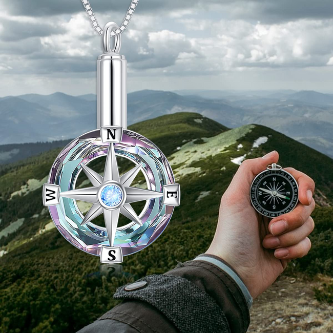 Compass Urn Necklace for Ashes 925 Sterling Silver Crystal Compass Cremation Necklace Memorial Keepsake Jewelry for Women Men