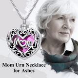 Mom Urn Necklace for Ashes Sterling Silver Mom Cremation Necklace with Heart Crystal Memorial Keepsake Jewelry for Women Daughter Girls