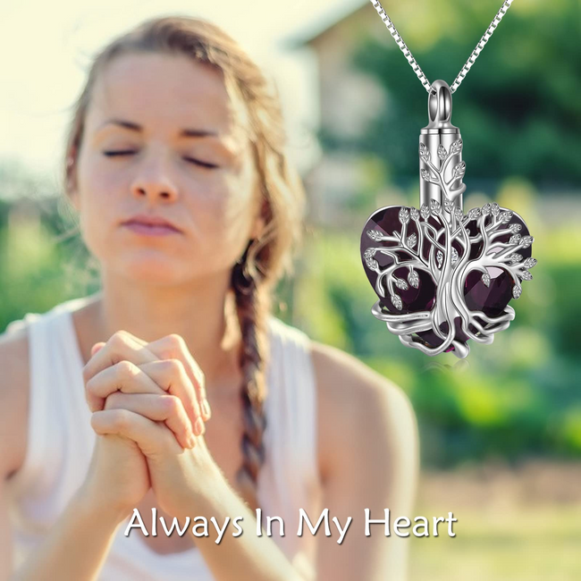 Tree of Life Urn Necklace for Ashes Heart Cremation Jewelry with Blue Crystal with Funnel Filler Gifts for Women Girls